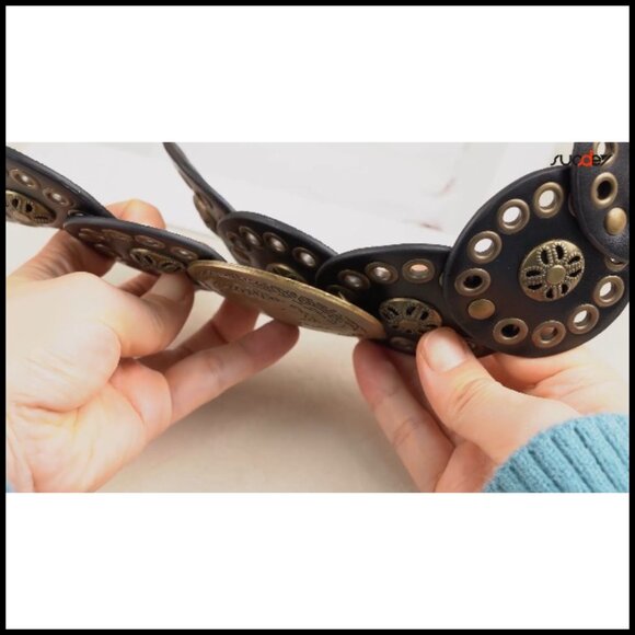 Western Leather Belt Vintage Wide Waist Boho Concho Disc Adjustable Hook Buckle